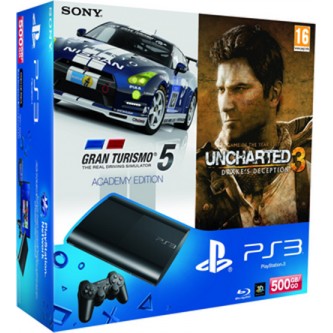    Sony PS3 Super Slim (500 Gb) (CECH-4008C) +  Gran Turismo 5 Academy Edition +  Uncharted 3.  .  